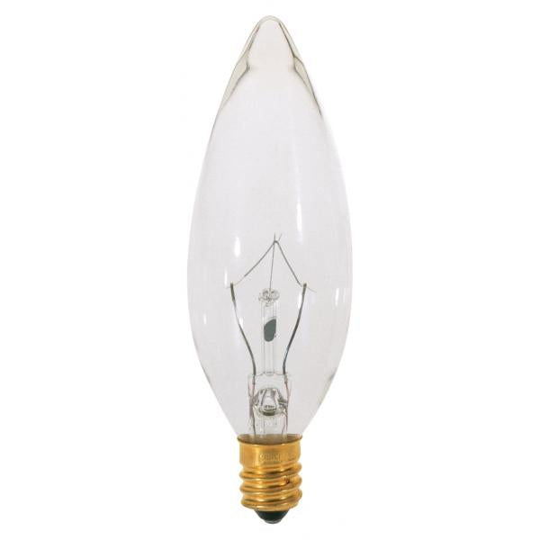 15 Watt BA9 1/2 Incandescent - Clear - 1500 Average rated hours - 105 Lumens - Candelabra base - 120 Volt