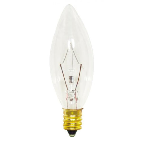 15 Watt B8 Incandescent - Clear - 1500 Average rated hours - 114 Lumens - Candelabra base - 130 Volt