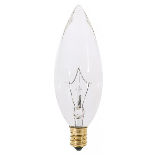 25 Watt BA9 1/2 Incandescent - Clear - 1500 Average rated hours - 212 Lumens - Candelabra base - 120 Volt - 2-Card