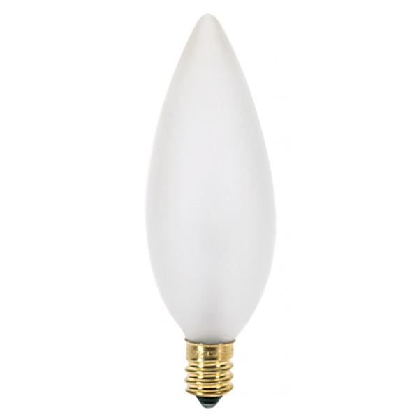 25 Watt BA9 1/2 Incandescent - Frost - 1500 Average rated hours - 212 Lumens - Candelabra base - 120 Volt - 2-Card