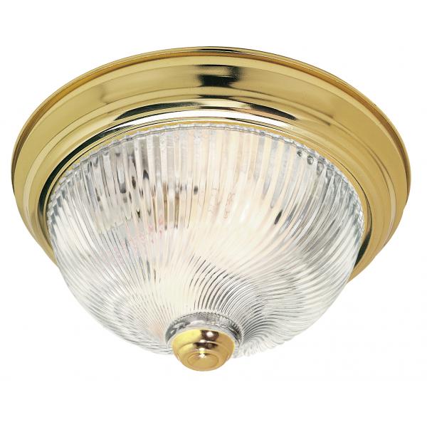 2 Light - 11" Flush with Clear Ribbed Swirl Glass - Polished Brass Finish