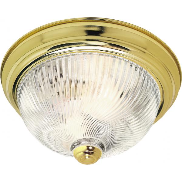 2 Light - 13" Flush with Clear Ribbed Swirl Glass - Polished Brass Finish