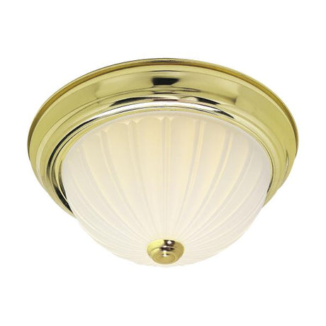 2 Light - 13" Flush with Frosted Melon Glass - Polished Brass Finish