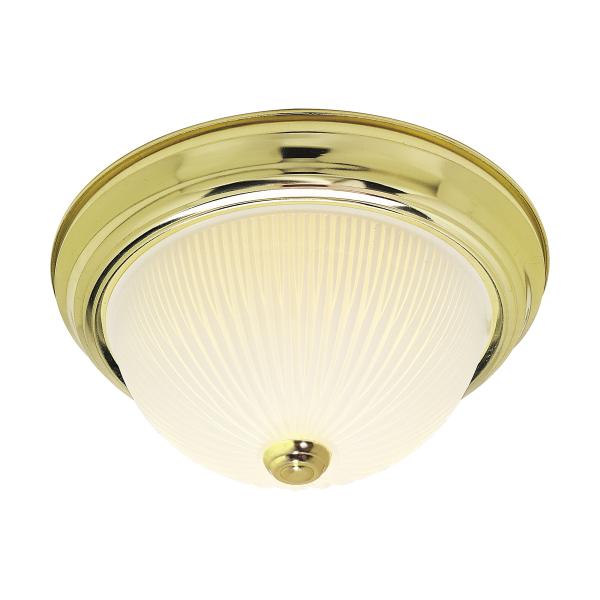 2 Light - 13" Flush with Frosted Ribbed - Polished Brass Finish