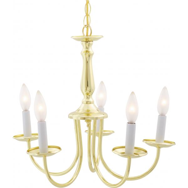 5 Light - 18" - Chandelier - with Candlesticks - Polished Brass Finish