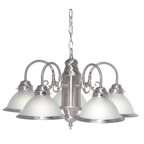 5 Light - 22" - Chandelier - With Frosted Ribbed Shades - Brushed Nickel Finish