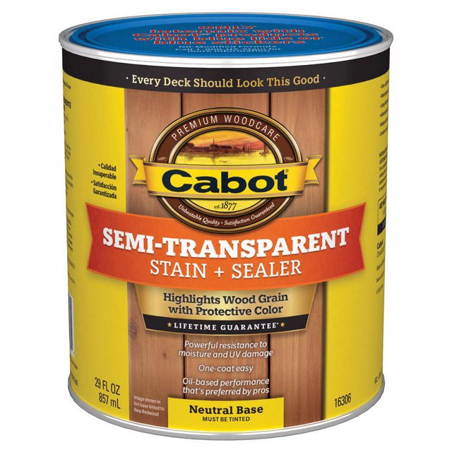 Cabot Semi-Transparent Low VOC Semi-Transparent Tintable Neutral Base Stain and Sealer 1 qt
