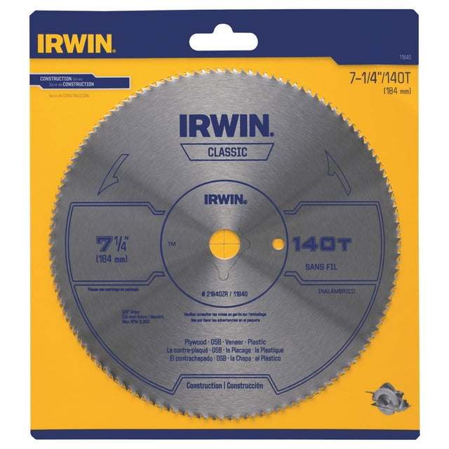 Irwin 7-1/4 in. D X 5/8 in. Classic Steel Circular Saw Blade 140 teeth 1 pk