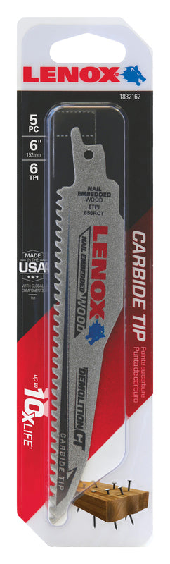Lenox Demolition CT 6 in. Carbide Tipped Reciprocating Saw Blade 6 TPI 5 pk