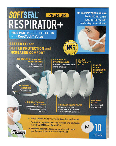 SoftSeal N95 Multi-Purpose Premium Disposable Particulate Respirator Valved White M 10 pk