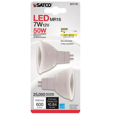 Satco MR16 GU5.3 LED Bulb Soft White 50 Watt Equivalence 2 pk