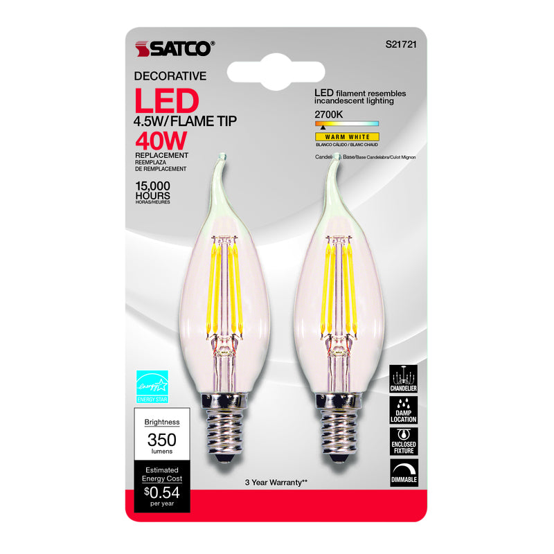 Satco CA10 (Flame Tip) E12 (Candelabra) LED Bulb Warm White 40 Watt Equivalence 2 pk