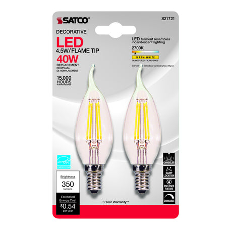 Satco CA10 (Flame Tip) E12 (Candelabra) LED Bulb Warm White 40 Watt Equivalence 2 pk