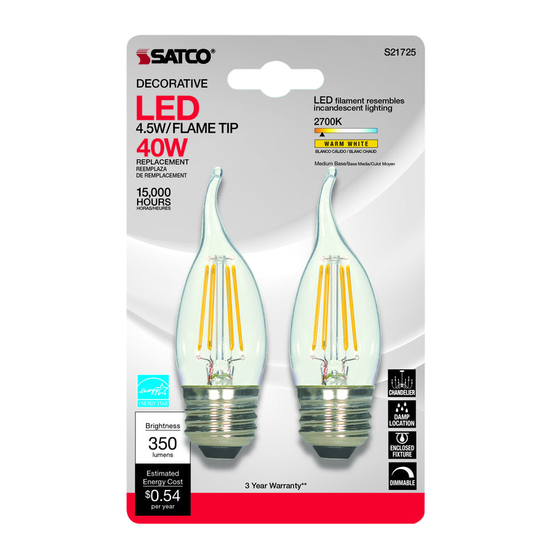 Satco CA10 (Flame Tip) E26 (Medium) LED Bulb Warm White 40 Watt Equivalence 2 pk