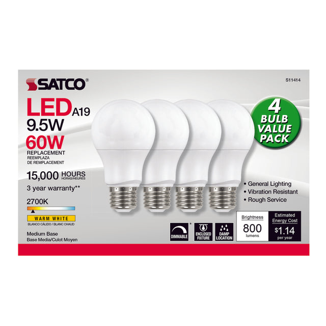 Satco A19 E26 (Medium) LED Bulb Warm White 60 Watt Equivalence 4 pk