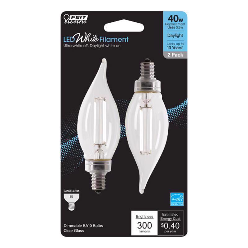 Feit White Filament BA10 E12 (Candelabra) Filament LED Bulb Daylight 40 Watt Equivalence 2 pk