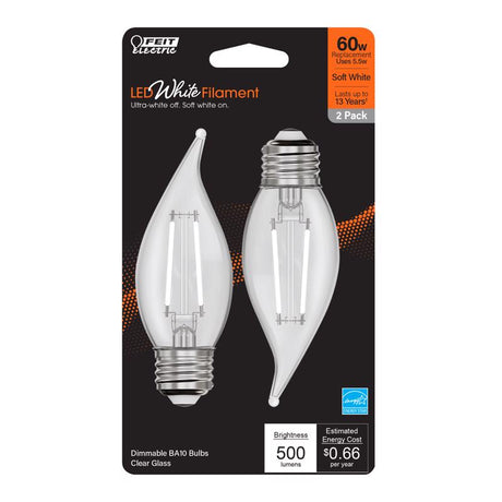 Feit White Filament BA10 E26 (Medium) Filament LED Bulb Soft White 60 Watt Equivalence 2 pk