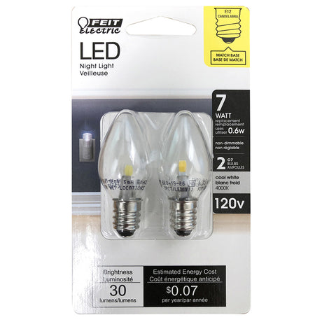 Feit LED Specialty C7 E12 (Candelabra) LED Bulb White 7 Watt Equivalence 2 pk