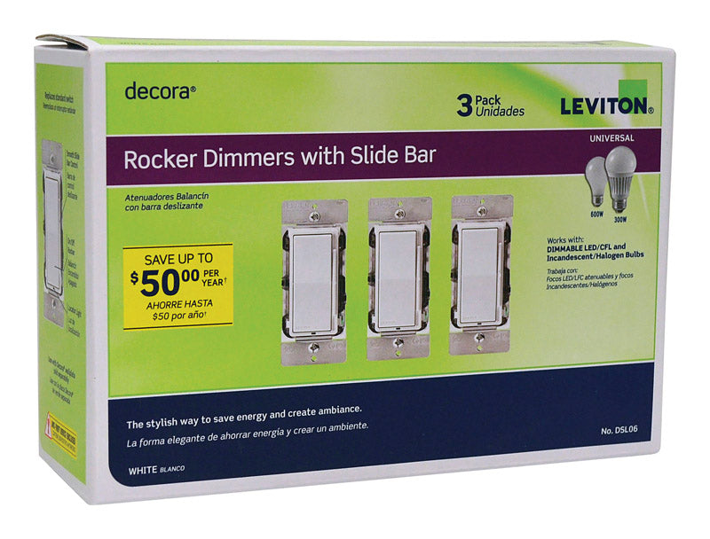 Leviton Decora White 600 W Rocker Dimmer Switch 3 pk