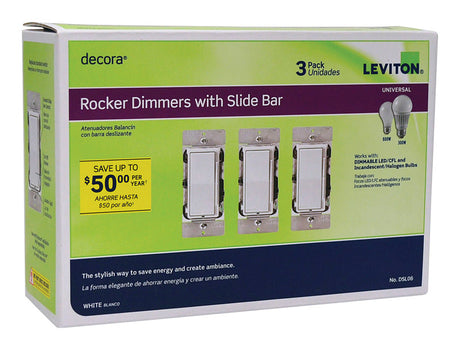 Leviton Decora White 600 W Rocker Dimmer Switch 3 pk