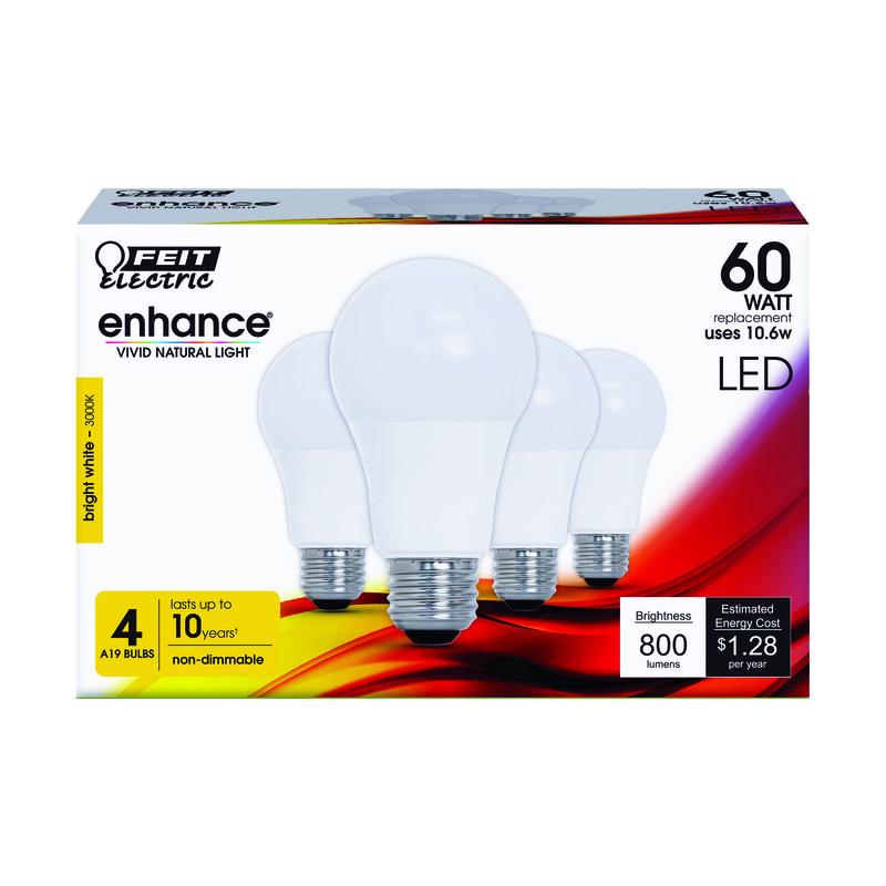 Feit Enhance A19 E26 (Medium) LED Bulb Bright White 60 Watt Equivalence 4 pk