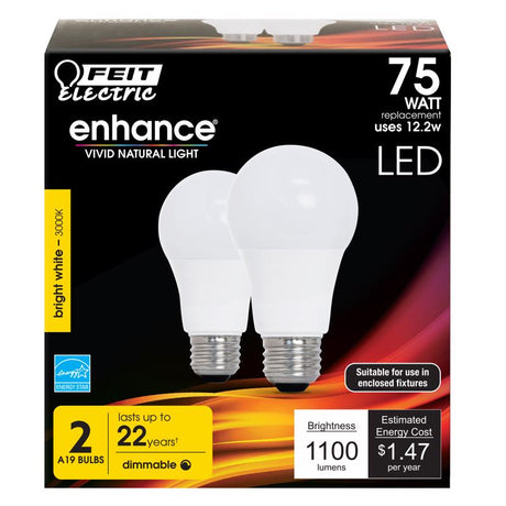 Feit Enhance A19 E26 (Medium) LED Bulb Bright White 75 Watt Equivalence 2 pk