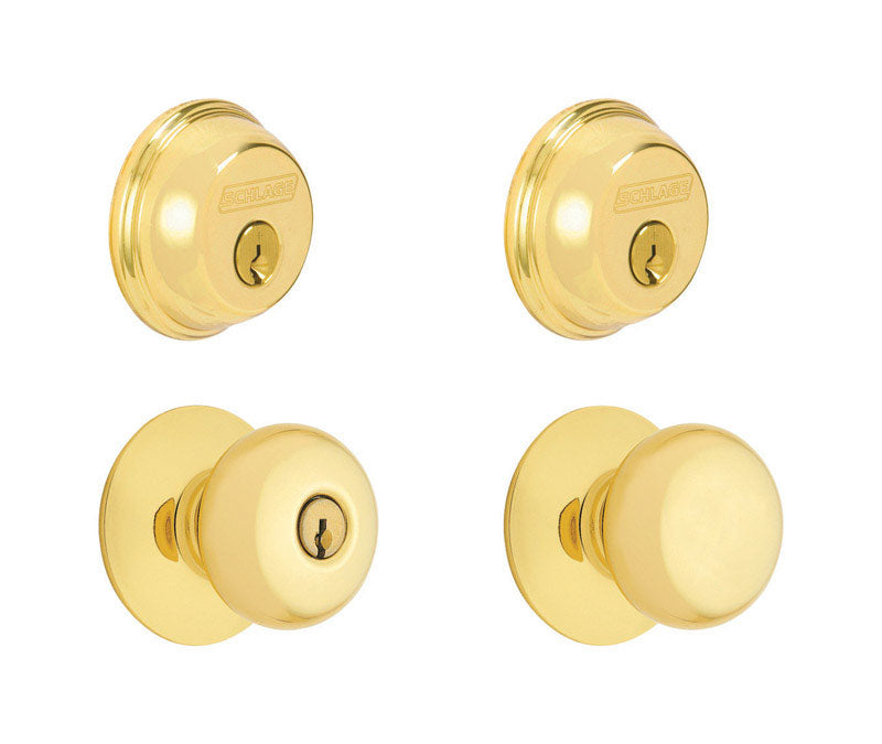 Schlage Plymouth Bright Brass Knob and Double Cylinder Deadbolt 1-3/4 in.