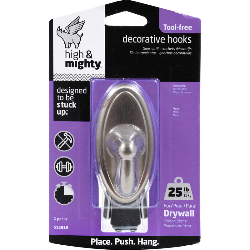 High & Mighty 3.5 in. L Satin Nickel Steel Oval Hook 25 lb. cap. 1 pk