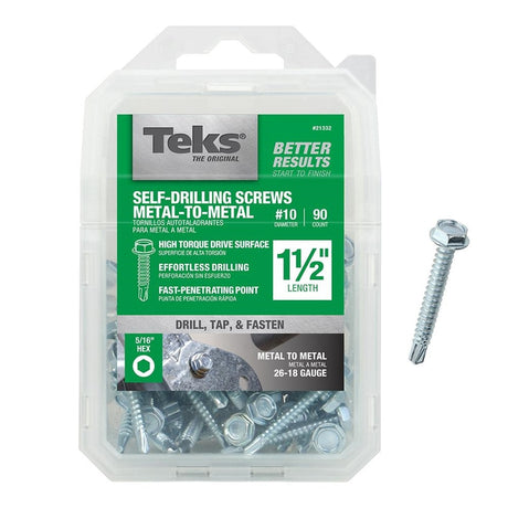 Teks No. 10 X 1-1/2 in. L Hex Washer Head Sheet Metal Screws 90 pk