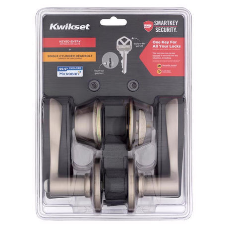Kwikset SmartKey Security Satin Nickel Lever and Single Cylinder Deadbolt KW1 2-3/4 in.