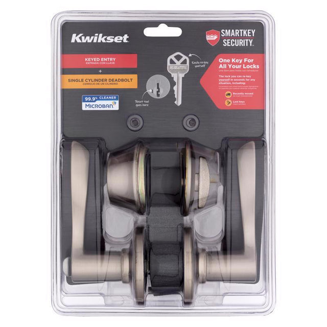 Kwikset SmartKey Security Satin Nickel Lever and Single Cylinder Deadbolt KW1 2-3/4 in.
