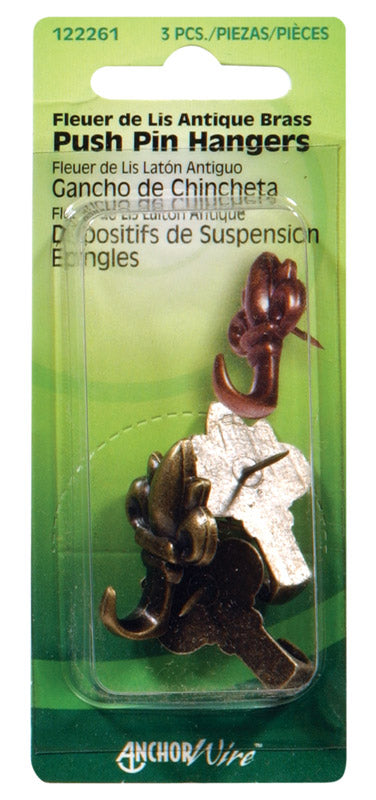 Hillman Antique Brass Push Pin Picture Hanger 10 lb 3 pk