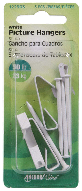 Hillman AnchorWire Steel-Plated White Standard Picture Hanger 50 lb 3 pk Hillman AnchorWire Steel-Plated White Standard Picture Hanger 50 lb 3 pk