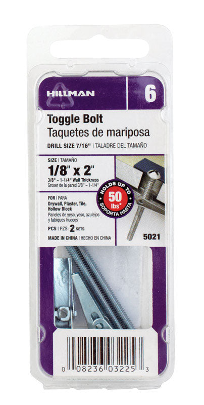 Hillman 1/8 in. D X 2 in. L Round Steel Toggle Bolt 2 pk