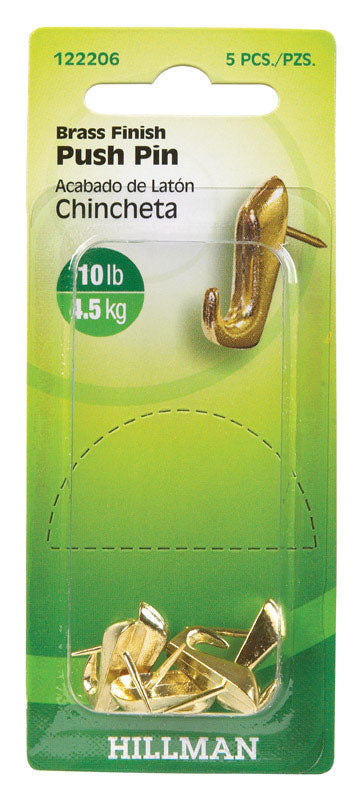 Hillman AnchorWire Brass-Plated Gold Push Pin Picture Hook 10 lb 5 pk