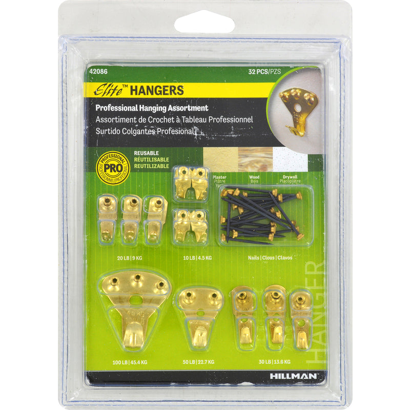 Hillman Elite Brass-Plated Classic Picture Hanging Set 10 lb 32 pk