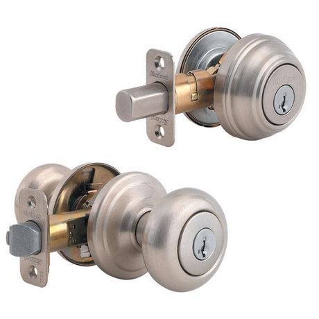 Kwikset SmartKey Juno Satin Nickel Knob and Single Cylinder Deadbolt KW1 1-3/4 in.