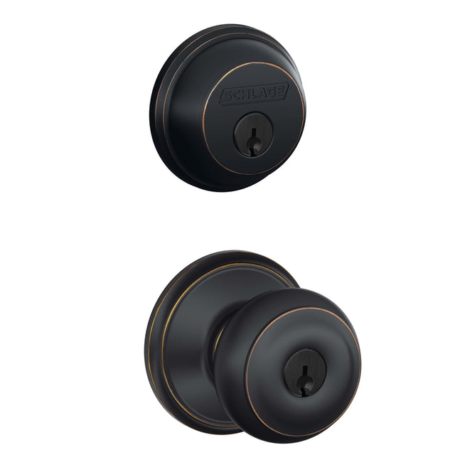 Schlage Georgian Aged Bronze Knob and Single Cylinder Deadbolt 1-3/4 in.