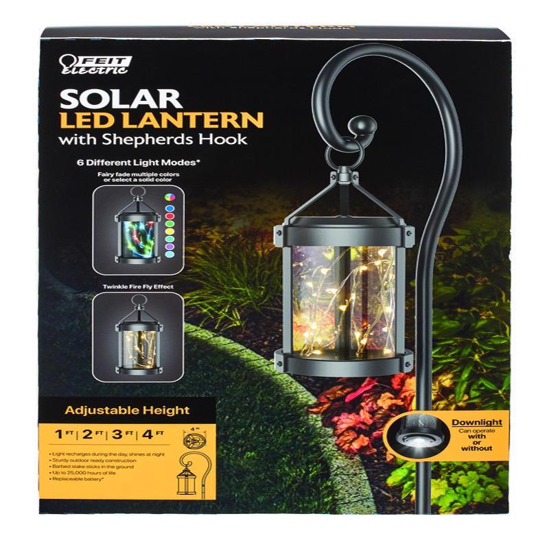 Feit Solar Fixtures 12 in. Solar Power Metal Round Coach Lantern Black Crackle Jar w/Fairy Lights