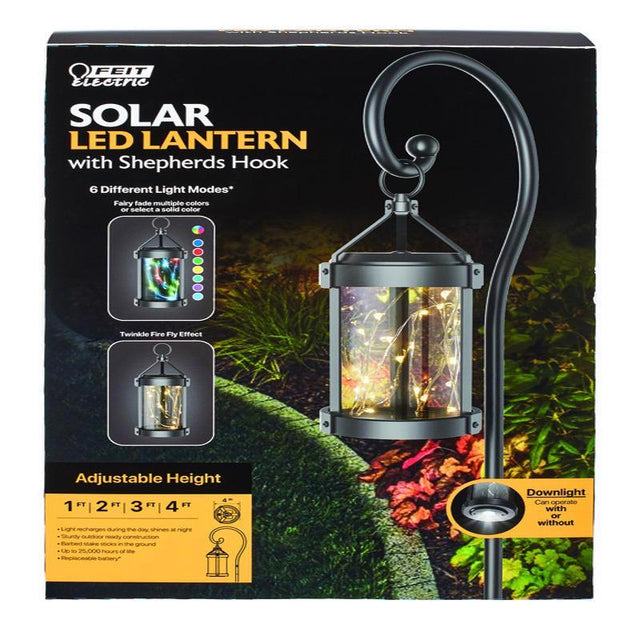 Feit Solar Fixtures 12 in. Solar Power Metal Round Coach Lantern Black Crackle Jar w/Fairy Lights