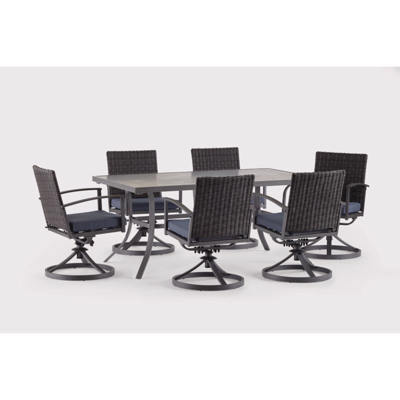 Living Accents Davenport 7 pc Black Aluminum Swivel Dining Set Navy Blue