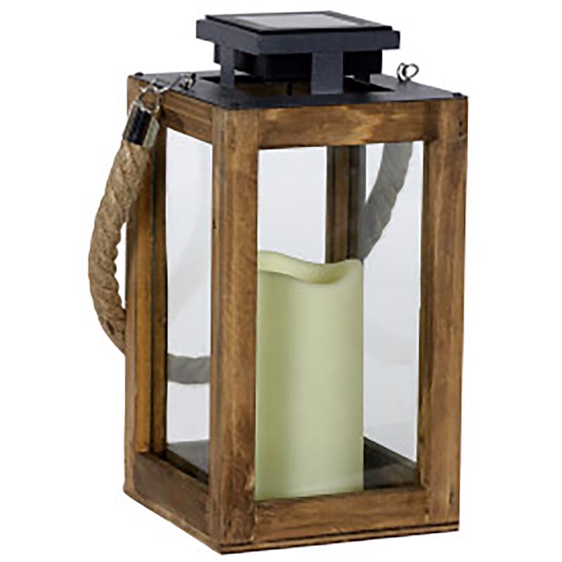 Exhart 11 in. Solar Power Glass/Wood Black/Brown Solar Lantern with Candle