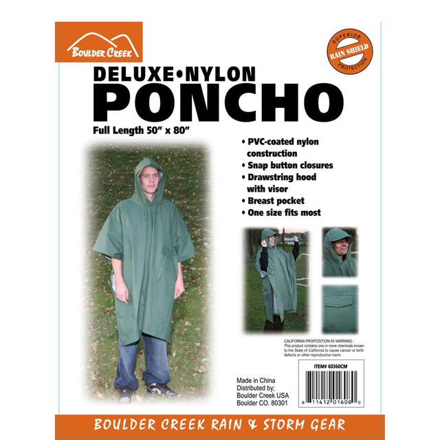 Boulder Creek Green PVC-Coated Nylon Rain Poncho One Size Fits All