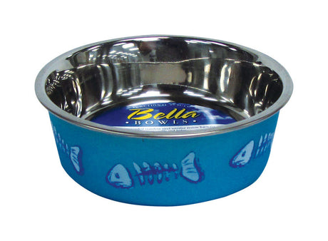 Loving Pets Bella Blue Fish Skeleton Stainless Steel 1 cups Pet Bowl For Cat