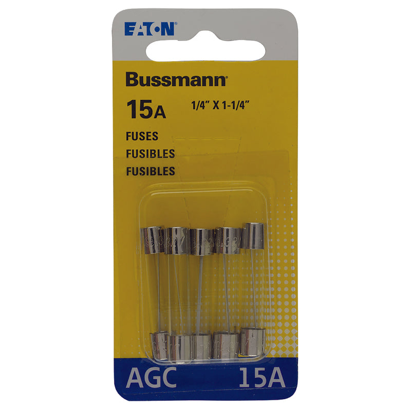 Bussmann 15 amps AGC Clear Glass Tube Fuse 5 pk