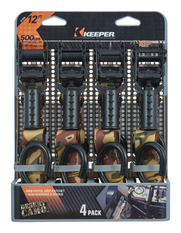 Keeper 1 in. W X 12 ft. L Camo Tie Down w/Ratchet 500 lb 4 pk