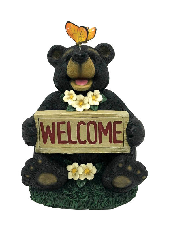 Smart Solar 7.5 in. Solar Power Ceramic Welcome Bear with Butterfly Brown Lantern