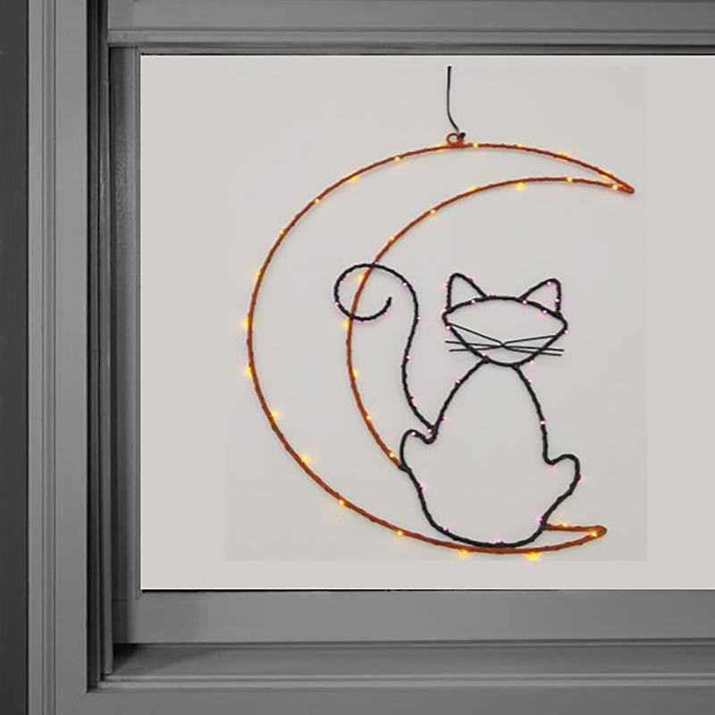 Celebrations Orange/Green 65 ct 14 in. LED Prelit Moon/Cat Hanging Decor