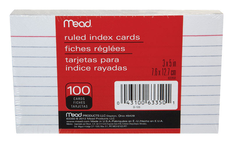 Mead 3 in. H X 5 in. W Ruled Index Cards White 100 pk