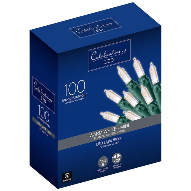 Celebrations LED Mini Warm White 100 ct String Christmas Lights 24.5 ft.